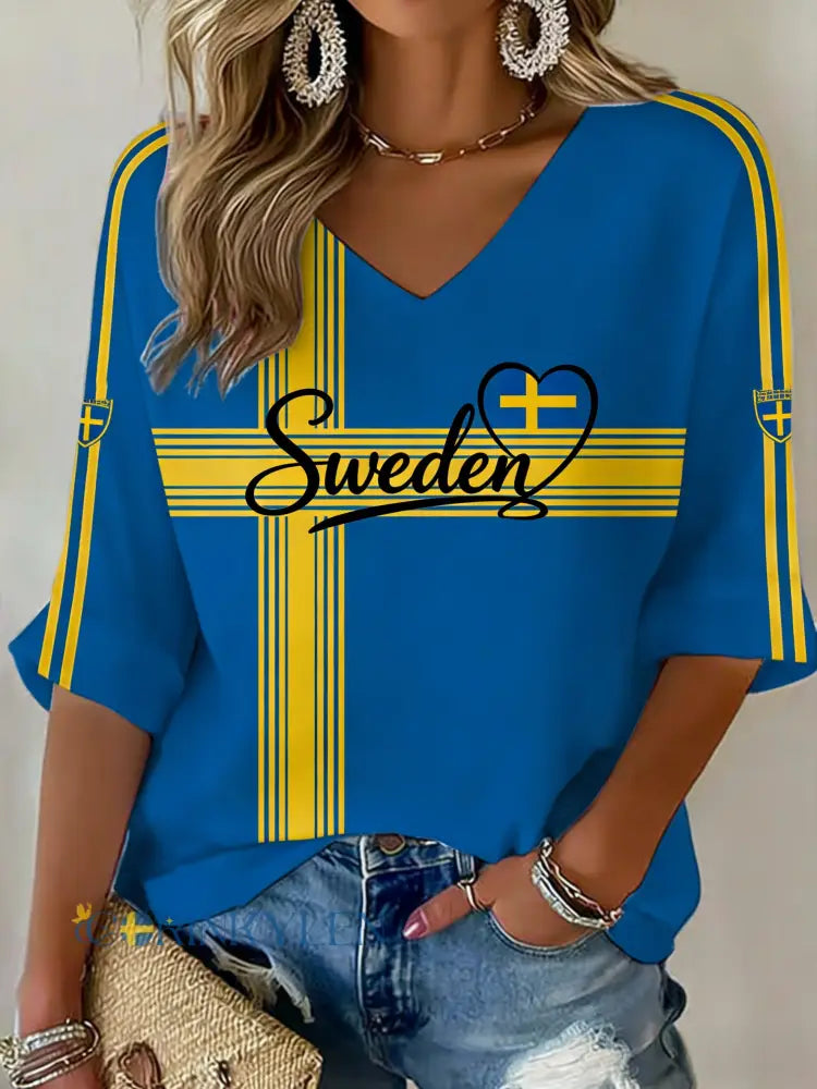 Damer Retro Svensk Fotbollsflagga Mönstrad Avslappnad T-shirt - blå / S
