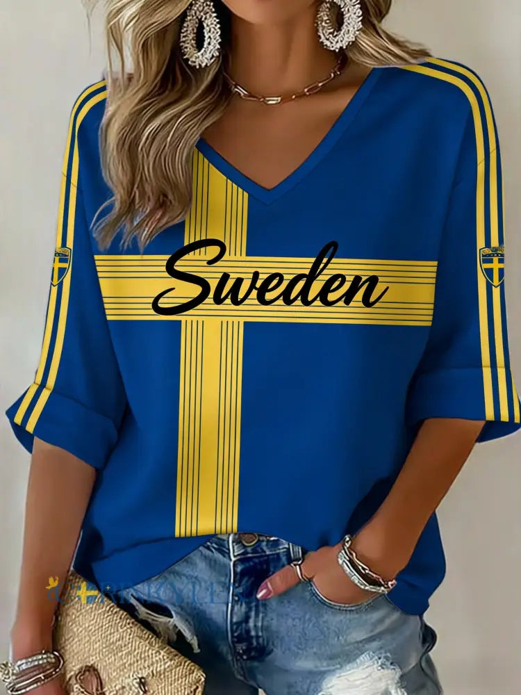 Damer Retro Svensk Fotbollsflagga Mönstrad Avslappnad T-shirt - blå / S