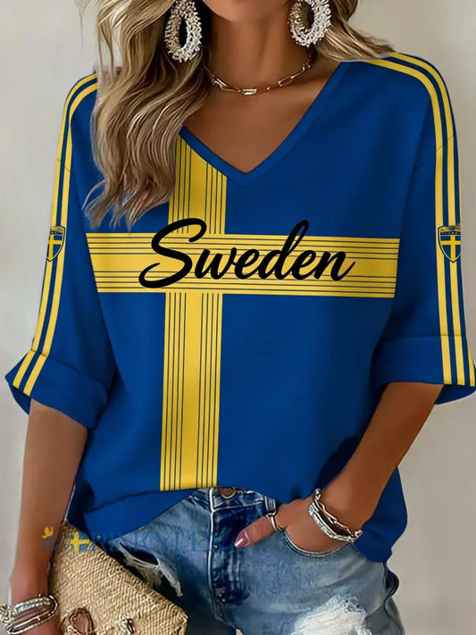 Damer Retro Svensk Fotbollsflagga Mönstrad Avslappnad T-shirt - blå / S