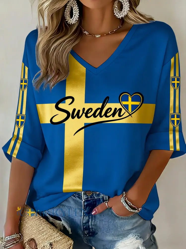 Damer Retro Svensk Fotbollsflagga Mönstrad Avslappnad T-shirt - blå / S