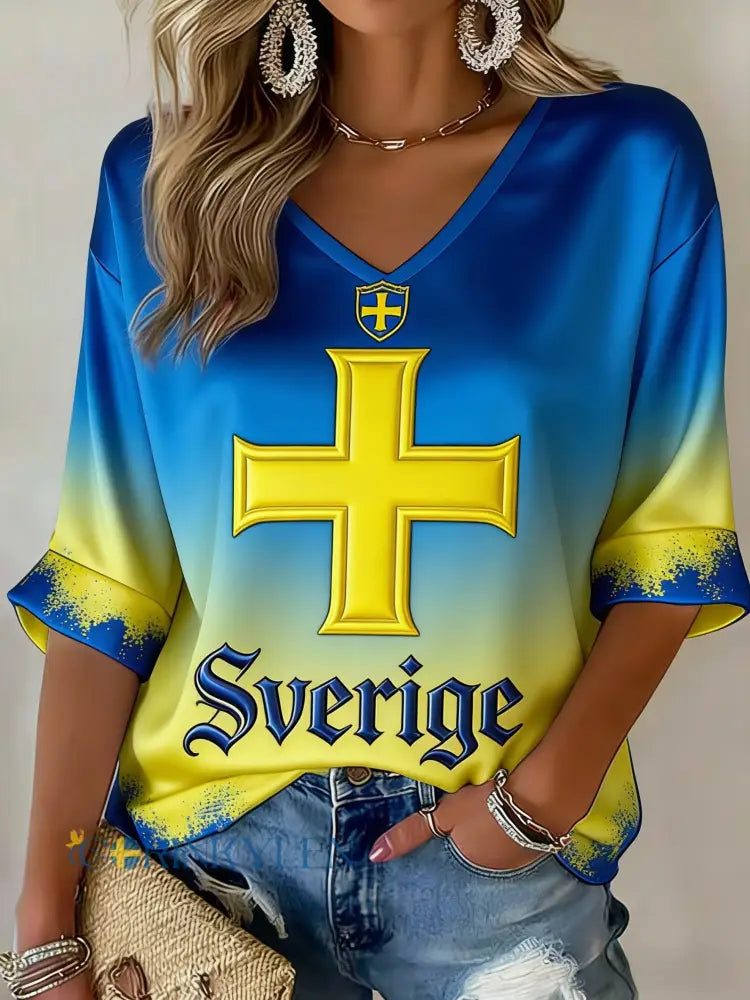 Damer Retro Svensk Fotbollsflagga Mönstrad Avslappnad T-shirt - blå / S