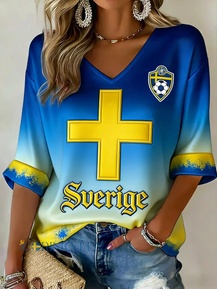 Damer Retro Svensk Fotbollsflagga Mönstrad Avslappnad T-shirt - blå / S