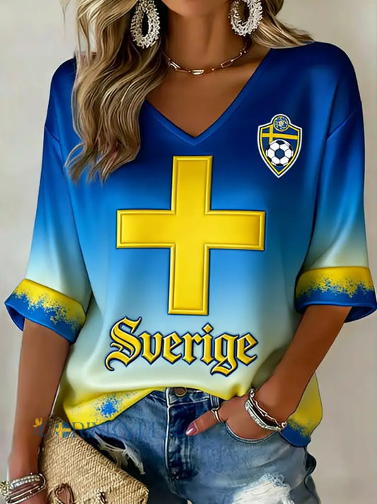 Damer Retro Svensk Fotbollsflagga Mönstrad Avslappnad T-shirt - blå / S