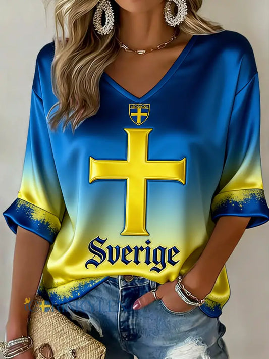 Damer Retro Svensk Fotbollsflagga Mönstrad Avslappnad T-shirt - blå / S