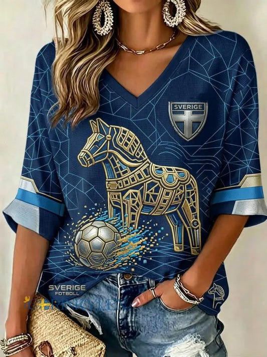 Damer Retro Svensk Fotbollslärd 2026 Tryckt Avslappnad T-shirt - blå / S