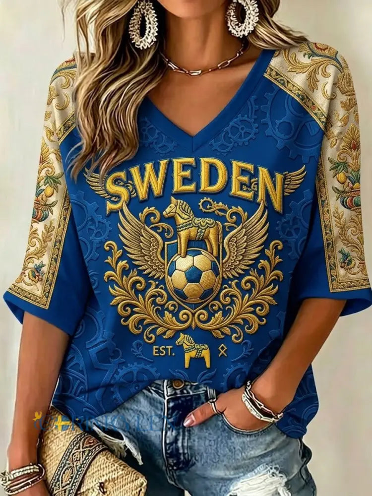 Damer Retro Svensk Fotbollslärd 2026 Tryckt Avslappnad T-shirt - blå / S