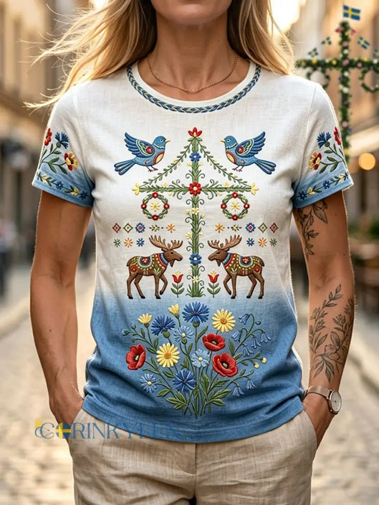 Damer Retro Svensk Midsommar Blommig Bomull-Linne T-shirt - flerlog / S