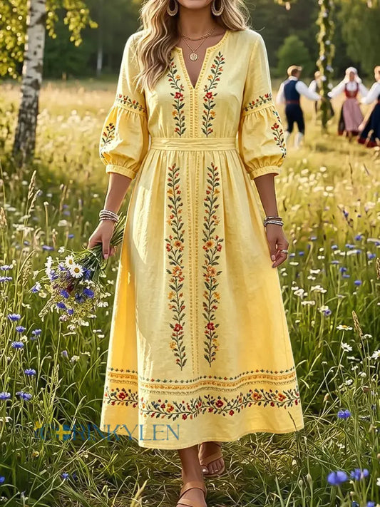 Damer Retro Svensk Midsommar Blommig Etnisk Stil Klänning - flerlog / S
