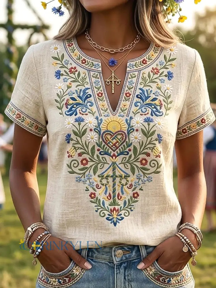 Damer Retro Svensk Midsommar Blommigt Konst V-Neck T-Shirt - flerlog / S