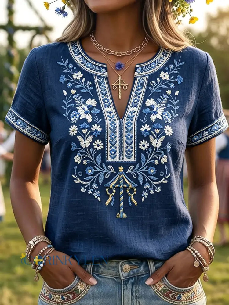 Damer Retro Svensk Midsommar Blommigt Konst V-Neck T-Shirt - mörk blå / S