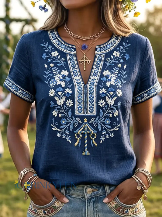 Damer Retro Svensk Midsommar Blommigt Konst V-Neck T-Shirt - mörk blå / S