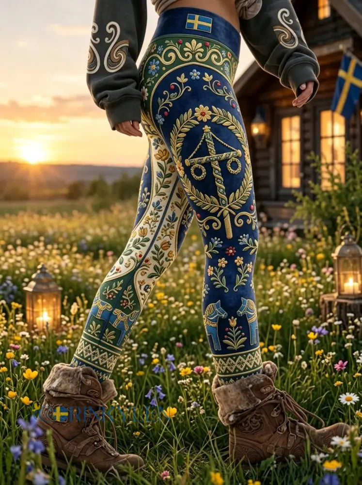 Damer Retro Svensk midsommar folkstil blommönstrade sportliga stretchleggings - blå sjöfart / S