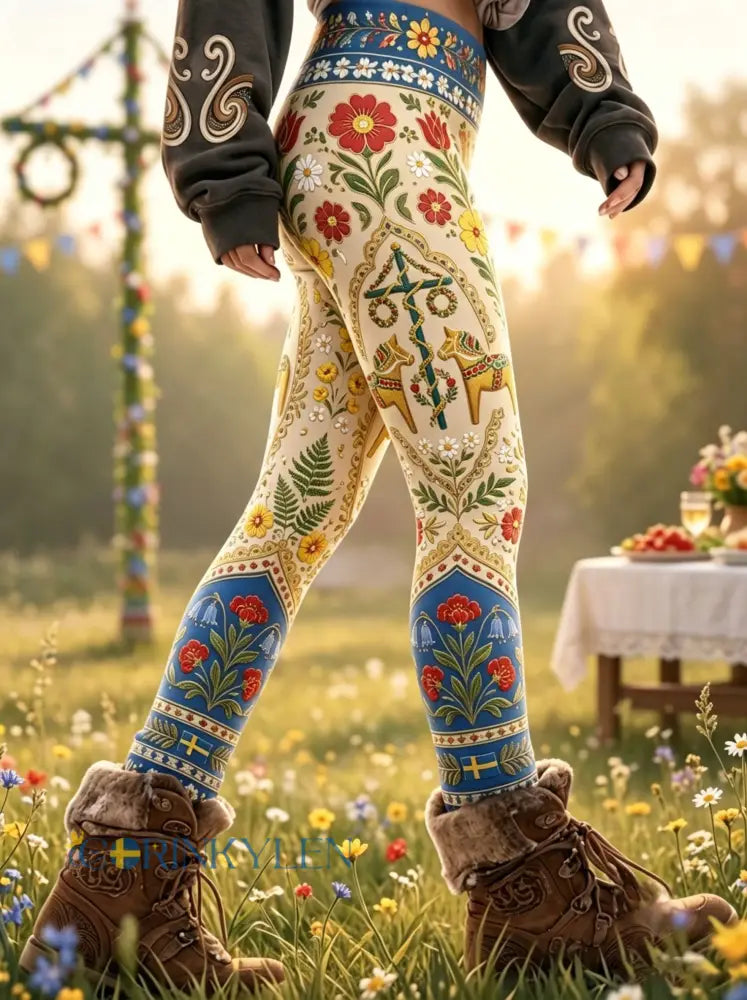 Damer Retro Svensk midsommar folkstil blommönstrade sportliga stretchleggings - gul / S