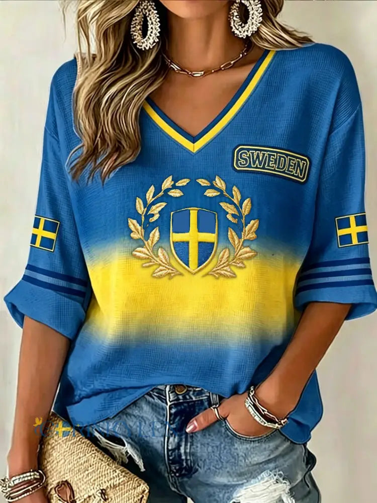 Damer Retro Sverige Fotboll Älskare 2026 Tryckt Lässig T-shirt - blå / S