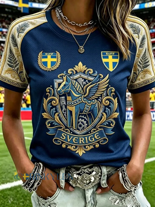 Damer Retro Sverige Fotboll Älskare 2026 Tryckt Lässig T-shirt - blå / S