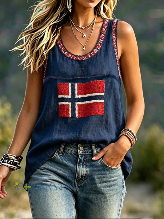 Damer Skandinavisk stil Norge konsttryckt linne tanktopps - blå sjöfart / S