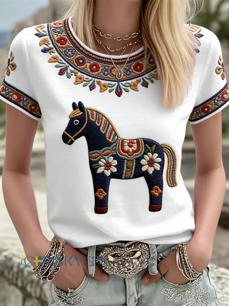 Damer Svensk Dalahäst Konst Tryckt T-shirt - som bild / S