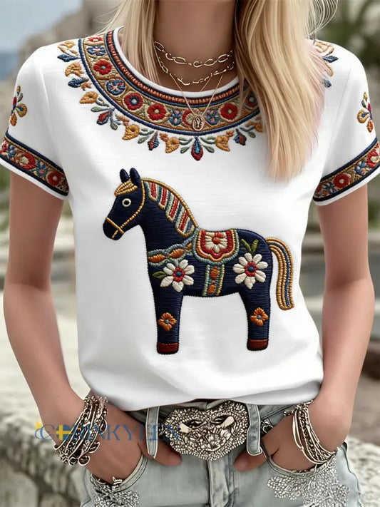 Damer Svensk Dalahäst Konst Tryckt T-shirt - som bild / S