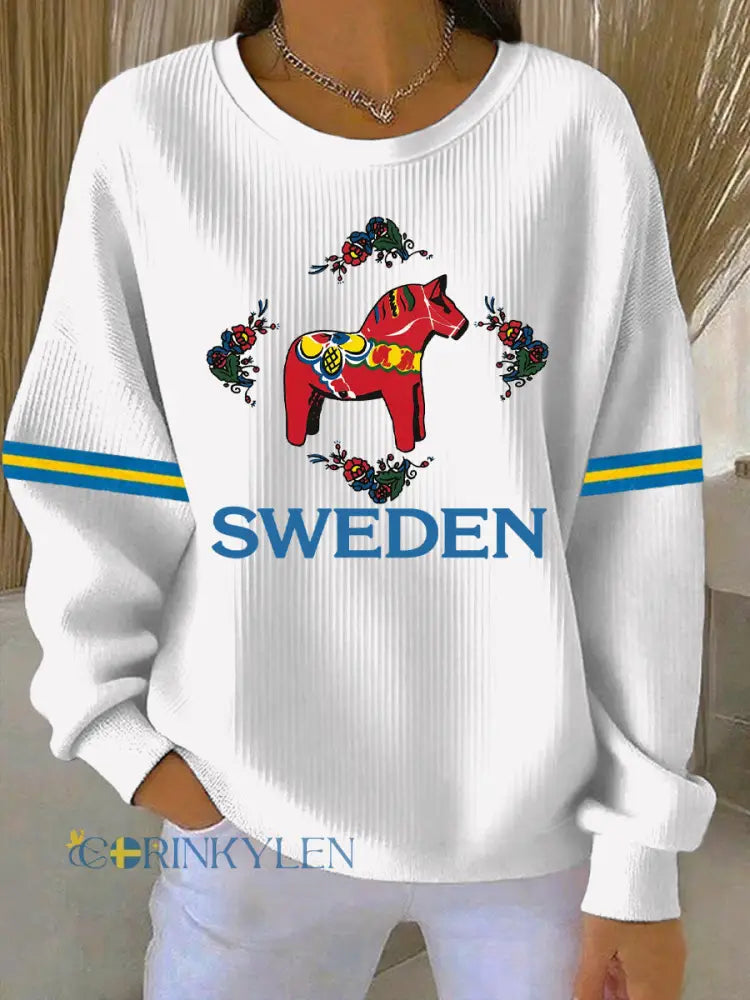 Damer Svensk Dalahäst Konsttryck Avslappnad Tröja - som bild / S