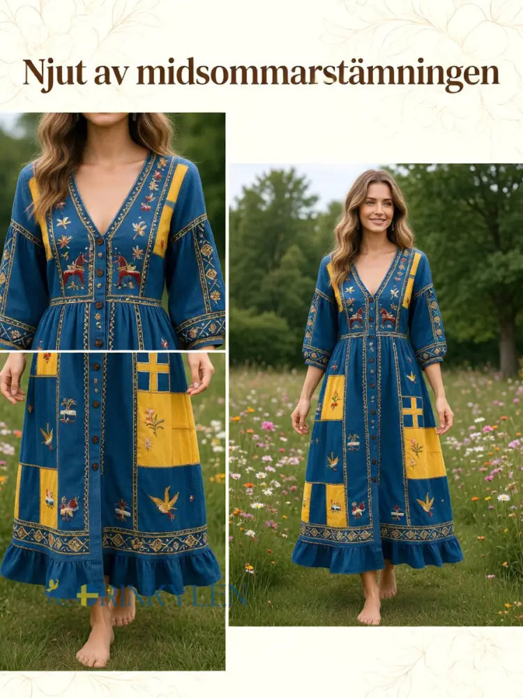Damer Svensk Dalahäst Midsommar Patchworktryck Casual V-ringad klänning
