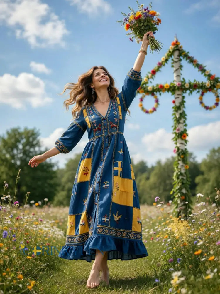 Damer Svensk Dalahäst Midsommar Patchworktryck Casual V-ringad klänning