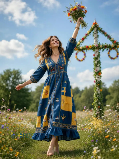 Damer Svensk Dalahäst Midsommar Patchworktryck Casual V-ringad klänning