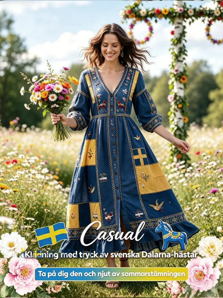 Damer Svensk Dalahäst Midsommar Patchworktryck Casual V-ringad klänning - mörk blå / S