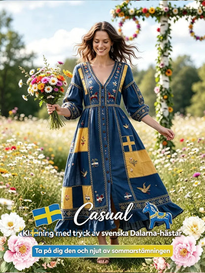 Damer Svensk Dalahäst Midsommar Patchworktryck Casual V-ringad klänning - mörk blå / S