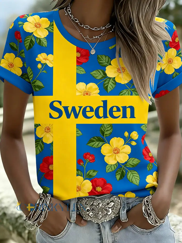 Damer svensk fotboll fankonst print t-shirt med korta ärmarna - A / S