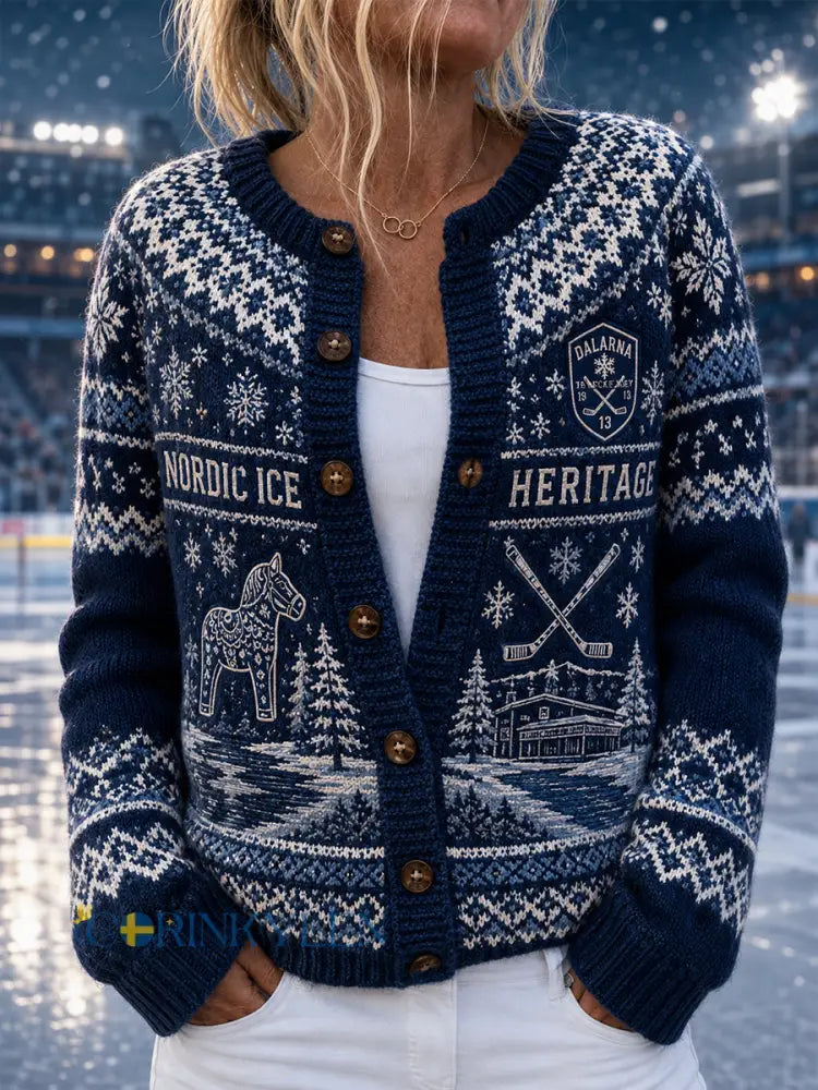 Damer Svensk Ishockey Leksands IF Fans Älskare Tryckt Knappcardigan - A / S