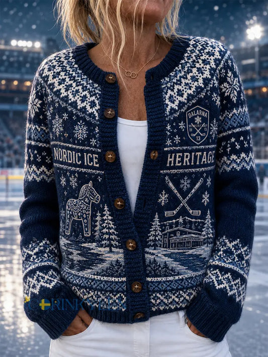 Damer Svensk Ishockey Leksands IF Fans Älskare Tryckt Knappcardigan - A / S
