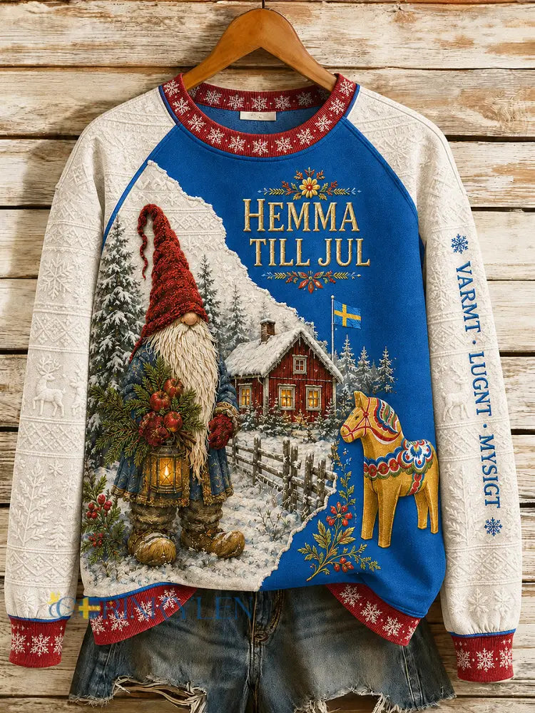 Damer Svensk jultryckt långärmad tröja med rund halsringning - blå / S
