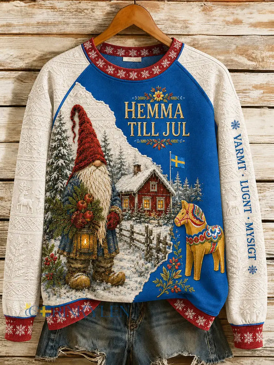 Damer Svensk jultryckt långärmad tröja med rund halsringning - blå / S