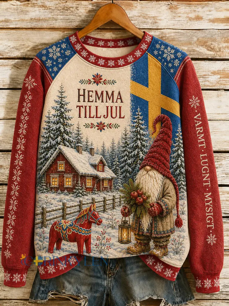 Damer Svensk jultryckt långärmad tröja med rund halsringning - röd / S