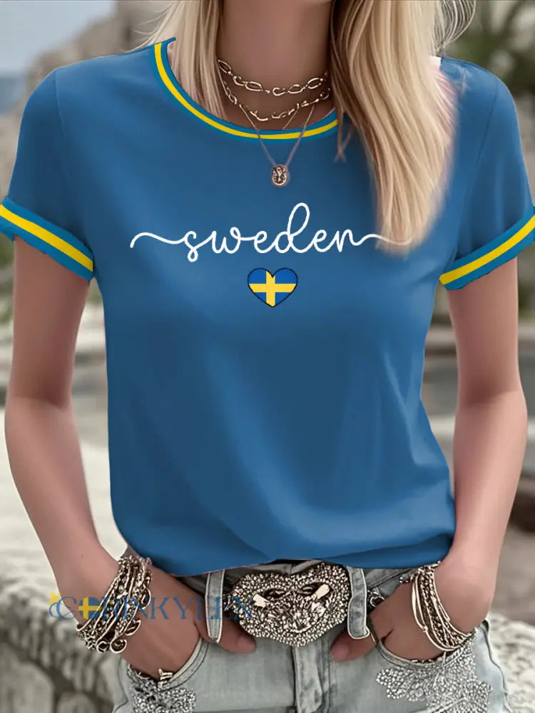 Damer Svensk konst tryckt t-shirt - blå / S