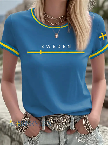Damer Svensk konst tryckt t-shirt - blå / S