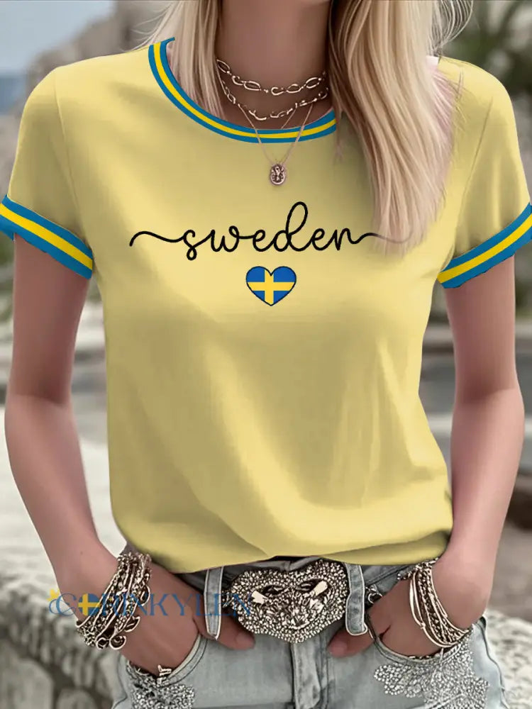 Damer Svensk konst tryckt t-shirt - ljusgul / S