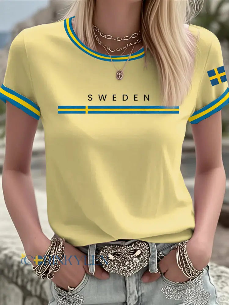 Damer Svensk konst tryckt t-shirt - ljusgul / S