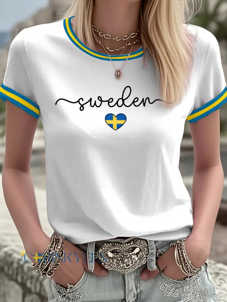 Damer Svensk konst tryckt t-shirt - vit / S