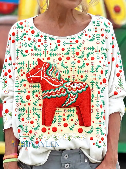 Damer Svensk midsommar Dalahäst 3D-blommönstrad casual t-shirt med långa ärmar - vitt / S