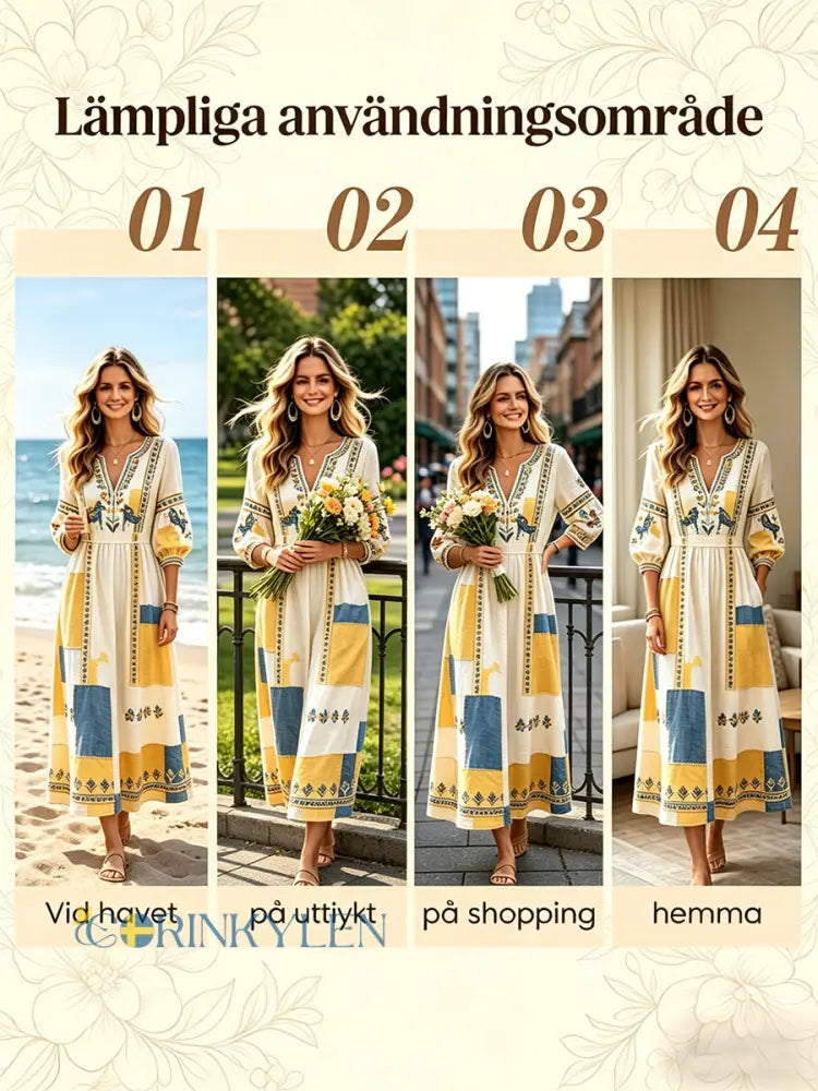 Damer Svensk midsommar Dalahäst lapptäcke tryck avslappnad klänning med V-ringning