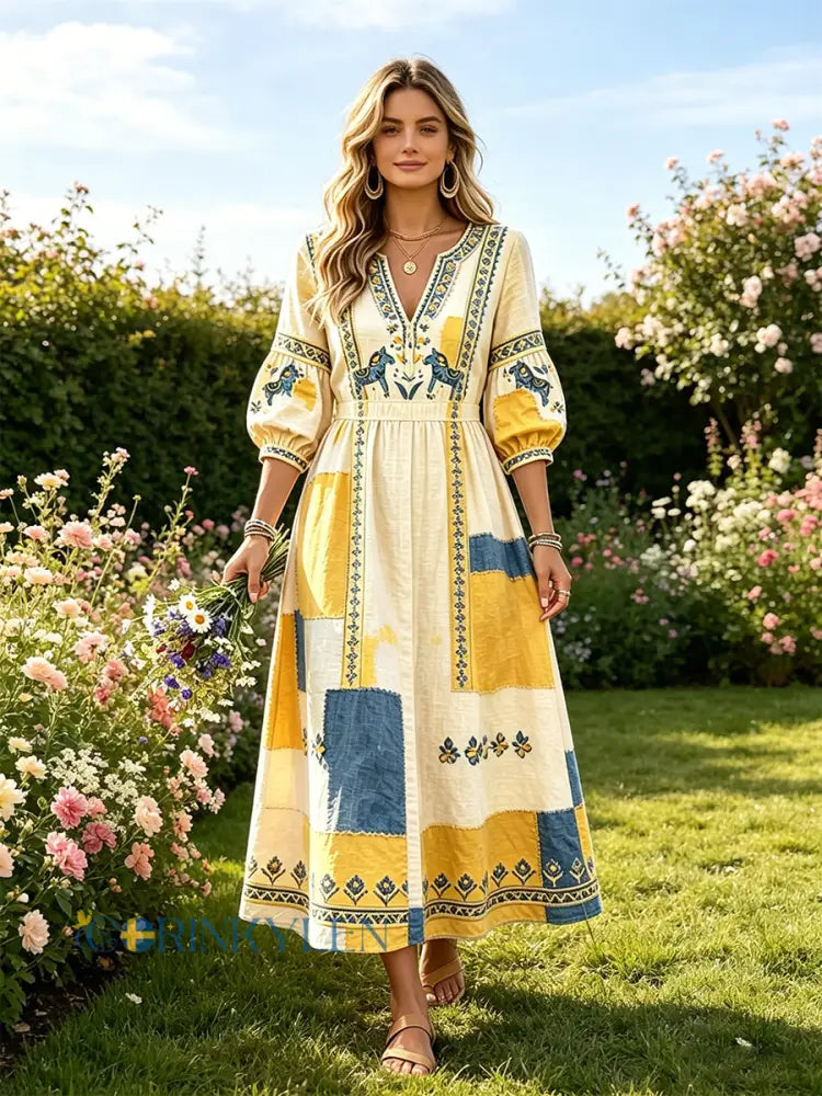 Damer Svensk midsommar Dalahäst lapptäcke tryck avslappnad klänning med V-ringning