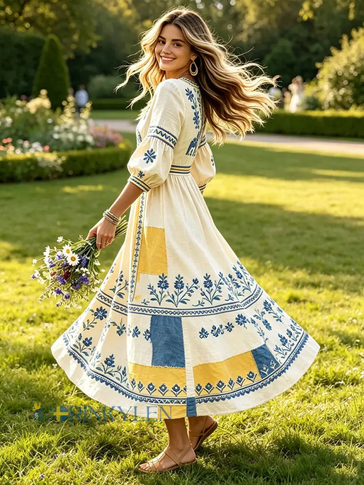 Damer Svensk midsommar Dalahäst lapptäcke tryck avslappnad klänning med V-ringning