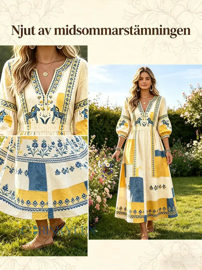 Damer Svensk midsommar Dalahäst lapptäcke tryck avslappnad klänning med V-ringning