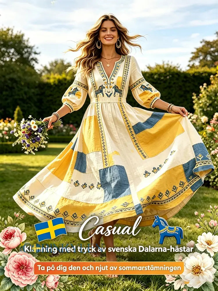 Damer Svensk midsommar Dalahäst lapptäcke tryck avslappnad klänning med V-ringning - kränk-vitt / S