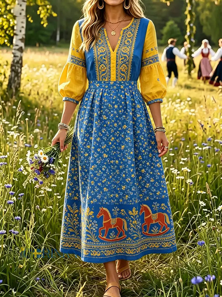 Damer Svensk midsommar Dalahästtryck Casual mode Bomull-linne V-ringning Klänning - A / S