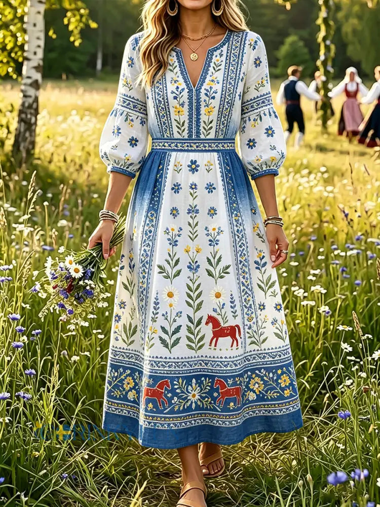 Damer Svensk midsommar Dalahästtryck Casual mode Bomull-linne V-ringning Klänning - A / S