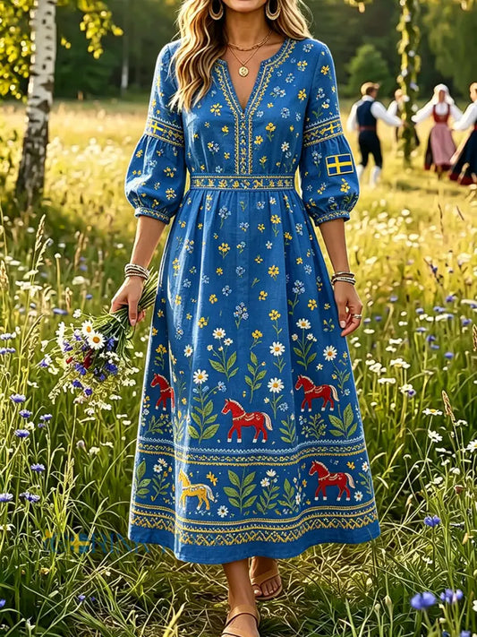 Damer Svensk midsommar Dalahästtryck Casual mode Bomull-linne V-ringning Klänning - A / S