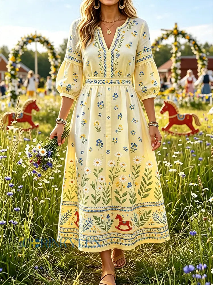 Damer Svensk midsommar Dalahästtryck Casual mode Bomull-linne V-ringning Klänning - A / S