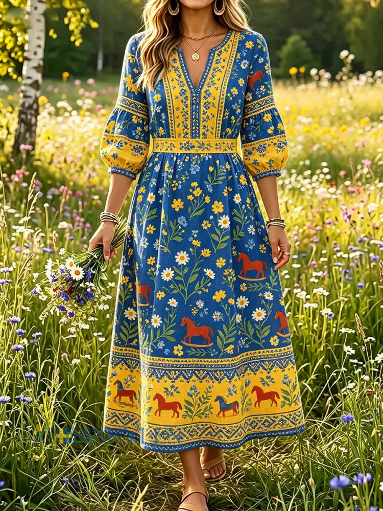 Damer Svensk midsommar Dalahästtryck Casual mode Bomull-linne V-ringning Klänning - A / S